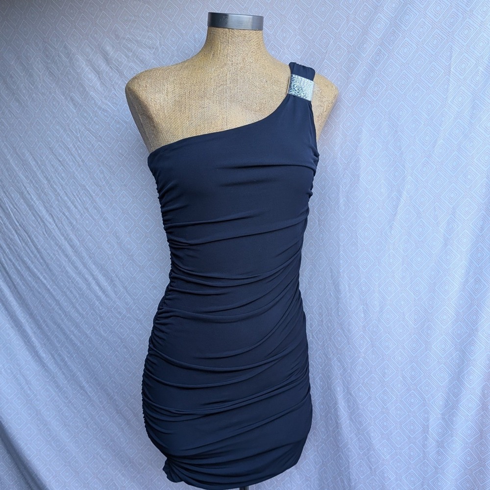 Sweet Storm Bodycon Dress Womens Navy Blue One Shoulder Ruched Rhinestone M